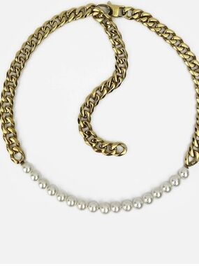 NIB Rare-Romance Gold Chain and White Pearl Duo Necklace